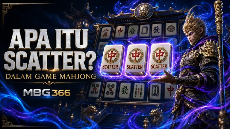 Ilustrasi apa itu scatter dalam game Mahjong dengan tiga simbol Scatter dan karakter Sun Go Kong MBG366
