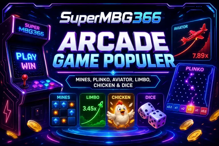 Ilustrasi arcade game di SuperMBG366 dengan Mines, Plinko, Aviator, Limbo, Chicken, Dice, dan casual game MBG366