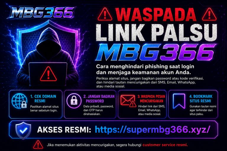 Poster peringatan link palsu MBG366 dan cara menghindari phishing saat login