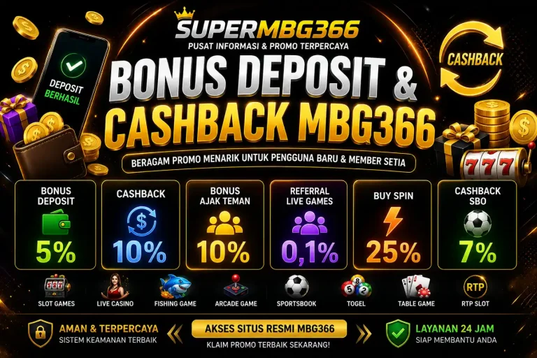 Ilustrasi bonus deposit dan cashback MBG366 di SuperMBG366 dengan bonus deposit 5%, cashback 10%, referral 0,1%, buy spin 25%, dan cashback SBO 7%