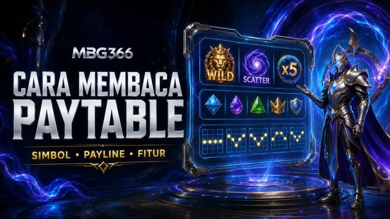 Ilustrasi cara membaca paytable slot MBG366 dengan simbol Wild, Scatter, multiplier, dan payline