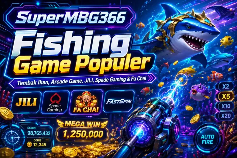Ilustrasi fishing game di SuperMBG366 dengan tema tembak ikan, arcade game, JILI, Spade Gaming, Fa Chai, dan FastSpin