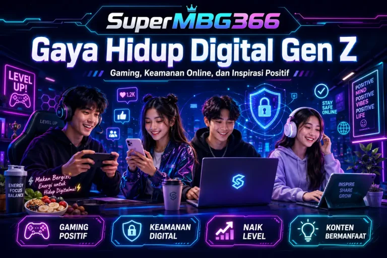 Ilustrasi gaya hidup digital Gen Z bersama SuperMBG366 dengan gaming positif dan keamanan online