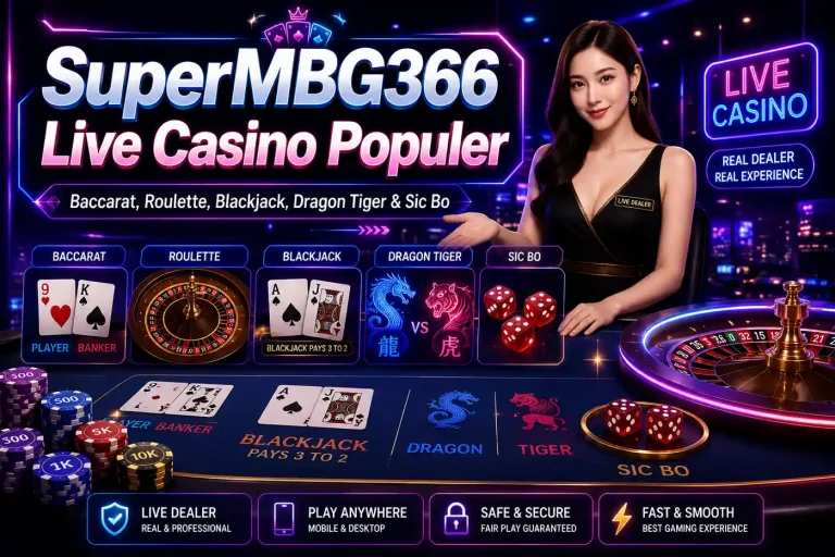 Ilustrasi live casino di SuperMBG366 dengan baccarat, roulette, blackjack, dragon tiger, sic bo, dan provider casino populer
