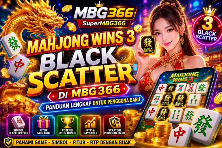 Ilustrasi Mahjong Wins 3 Black Scatter di MBG366 dengan ubin mahjong, simbol black scatter, naga emas, koin, efek neon, dan tampilan game mahjong untuk pengguna baru