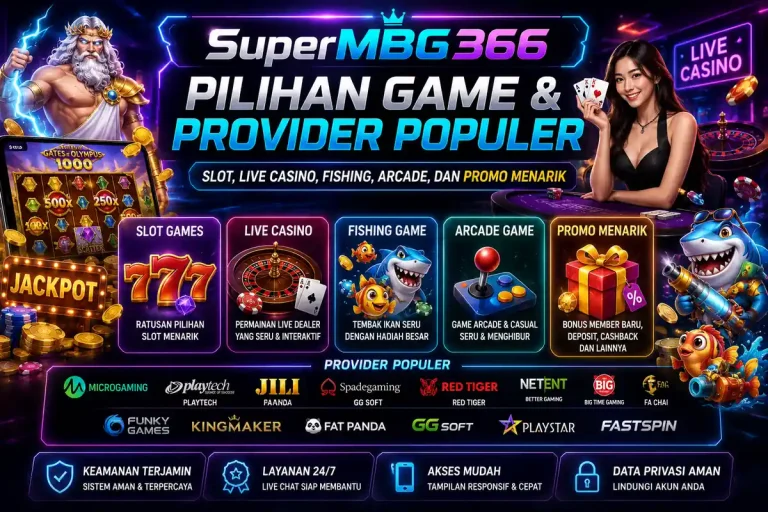 Ilustrasi pilihan game di SuperMBG366 dengan slot, live casino, fishing game, arcade, dan provider populer