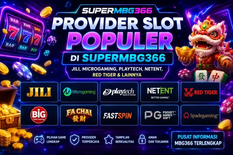 Ilustrasi provider slot populer di SuperMBG366 seperti JILI, Microgaming, Playtech, NetEnt, Red Tiger, Big Time Gaming, Fa Chai, FastSpin, dan Spade Gaming
