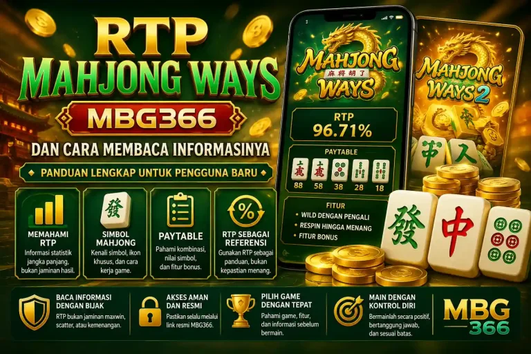 Ilustrasi RTP Mahjong Ways MBG366 dengan ubin mahjong, angka RTP, paytable, simbol game, koin emas, dan tampilan game mahjong untuk pengguna baru