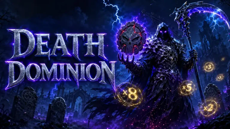 Ilustrasi Death Dominion dengan karakter penjaga kegelapan, Doom Symbol, dan multiplier bercahaya