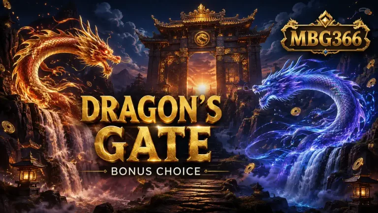 Dragon's Gate Bonus Choice MBG366 dengan dua naga di gerbang emas