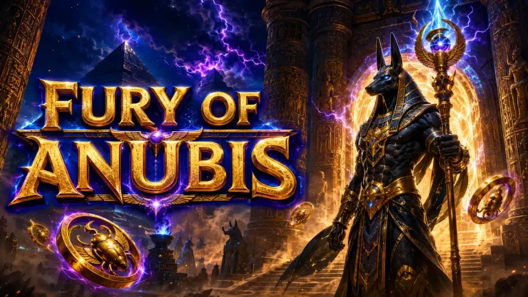 Ilustrasi Fury of Anubis dengan dewa berkepala jakal, kuil Mesir, piramida, dan simbol multiplier emas