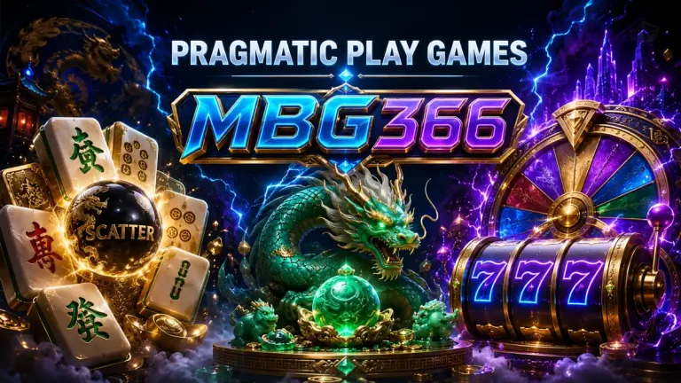 Ilustrasi game slot Pragmatic Play di MBG366 dengan Mahjong, naga giok, bonus wheel, dan simbol 777