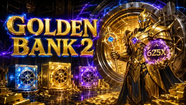 Ilustrasi Golden Bank 2 dengan brankas emas, penjaga robot, Wild Multiplier 625x, dan tiga kotak bonus