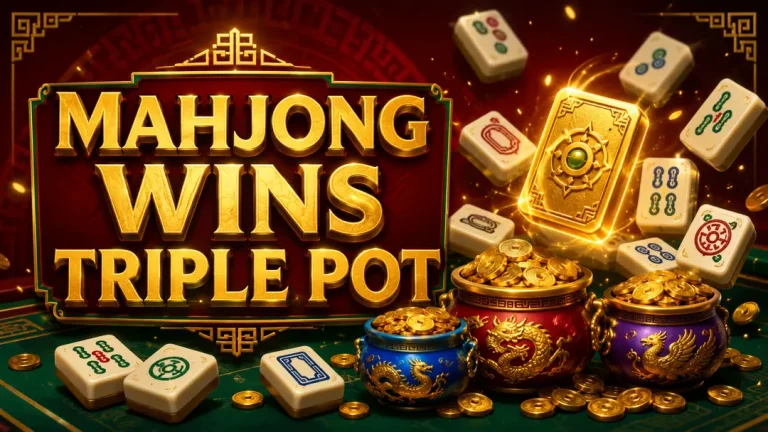 Ilustrasi Mahjong Wins Triple Pot dengan tiga bonus pot, ubin Mahjong, dan koin emas