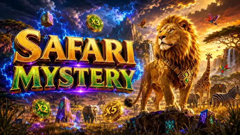 Ilustrasi Safari Mystery dengan singa emas, hewan safari, Mystery Symbol, dan koin multiplier