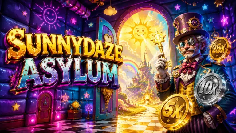 Ilustrasi Sunnydaze Asylum dengan penjaga fantasi, Silver Multiplier, Gold Multiplier, dan ruangan penuh warna